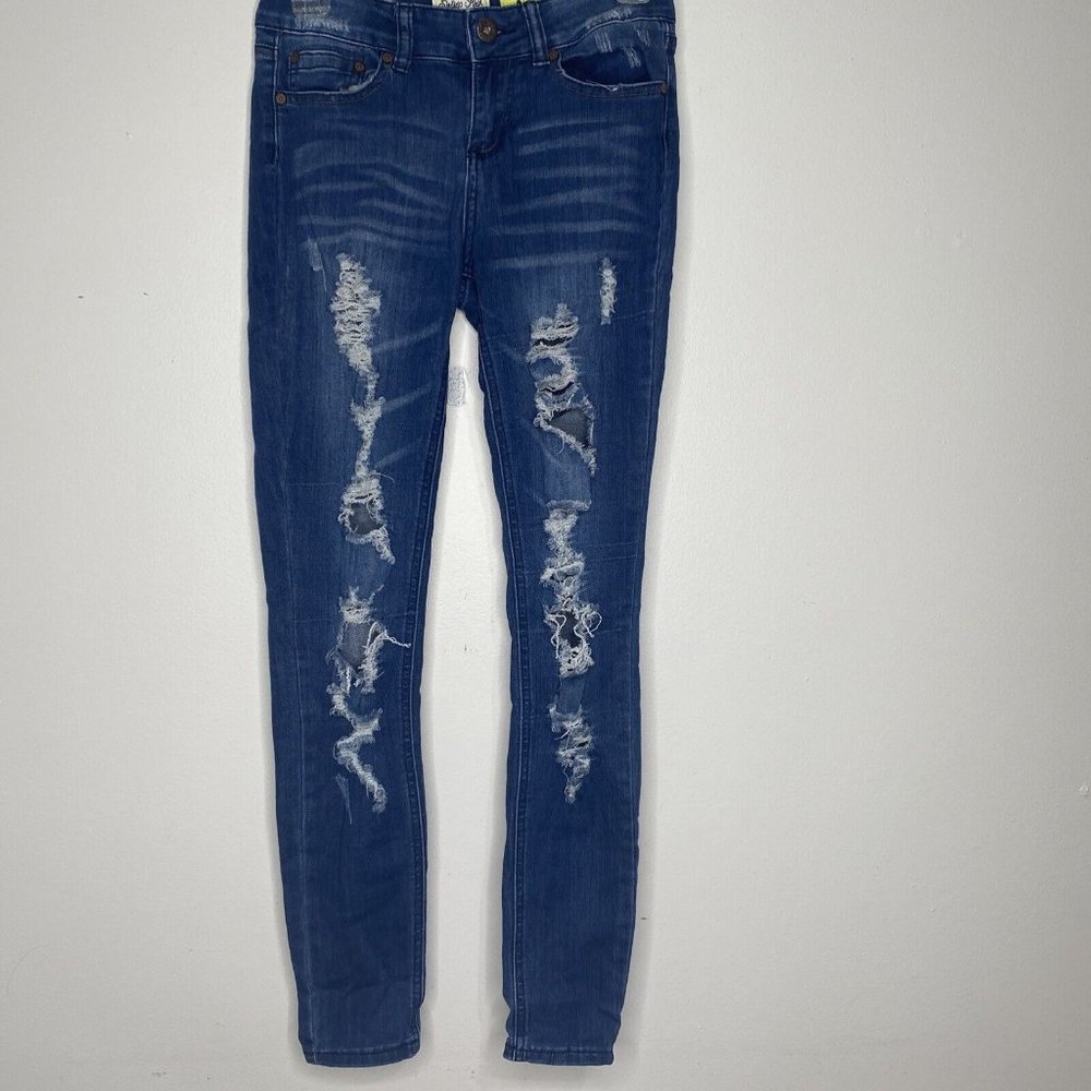 Indigo Rein Jeans Skinny Ankle Stretch Distressed Sz 3 Dark Destroyed High Rise